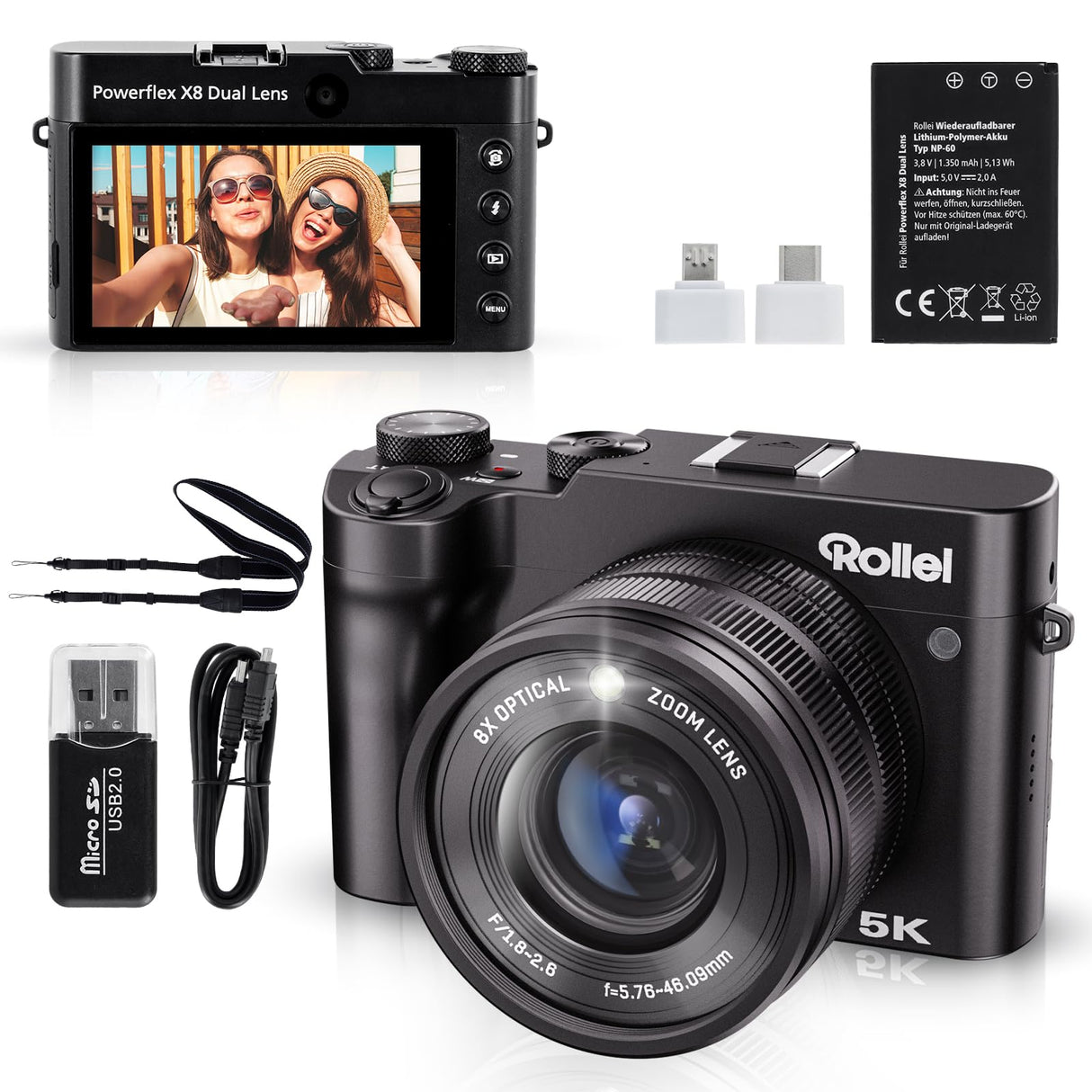 Camara Digital 5K 64MP Rollei, Powerflex X8 Dual Lens Cámara de Fotos Compacta con Zoom Óptico 8X y Pantalla Táctil de 3.6" Digicam Portátil con Doble Lente Negro, Cámara-Fotos-Digital-Camera