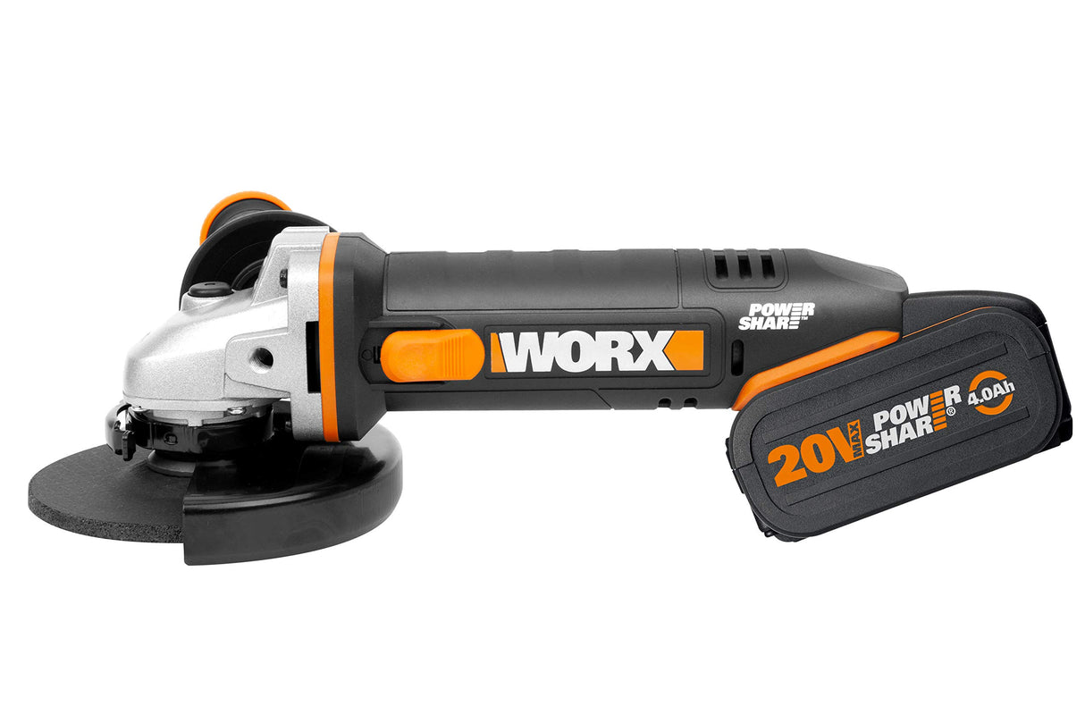 WORX | Amoladora 125mm 20V | PowerShare | WX803 | Incluye 2 baterías 2Ah y 4Ah | Bloqueo del husillo | interruptor lateral | Sistema de ajuste rápido sin herramientas | Mango auxiliar