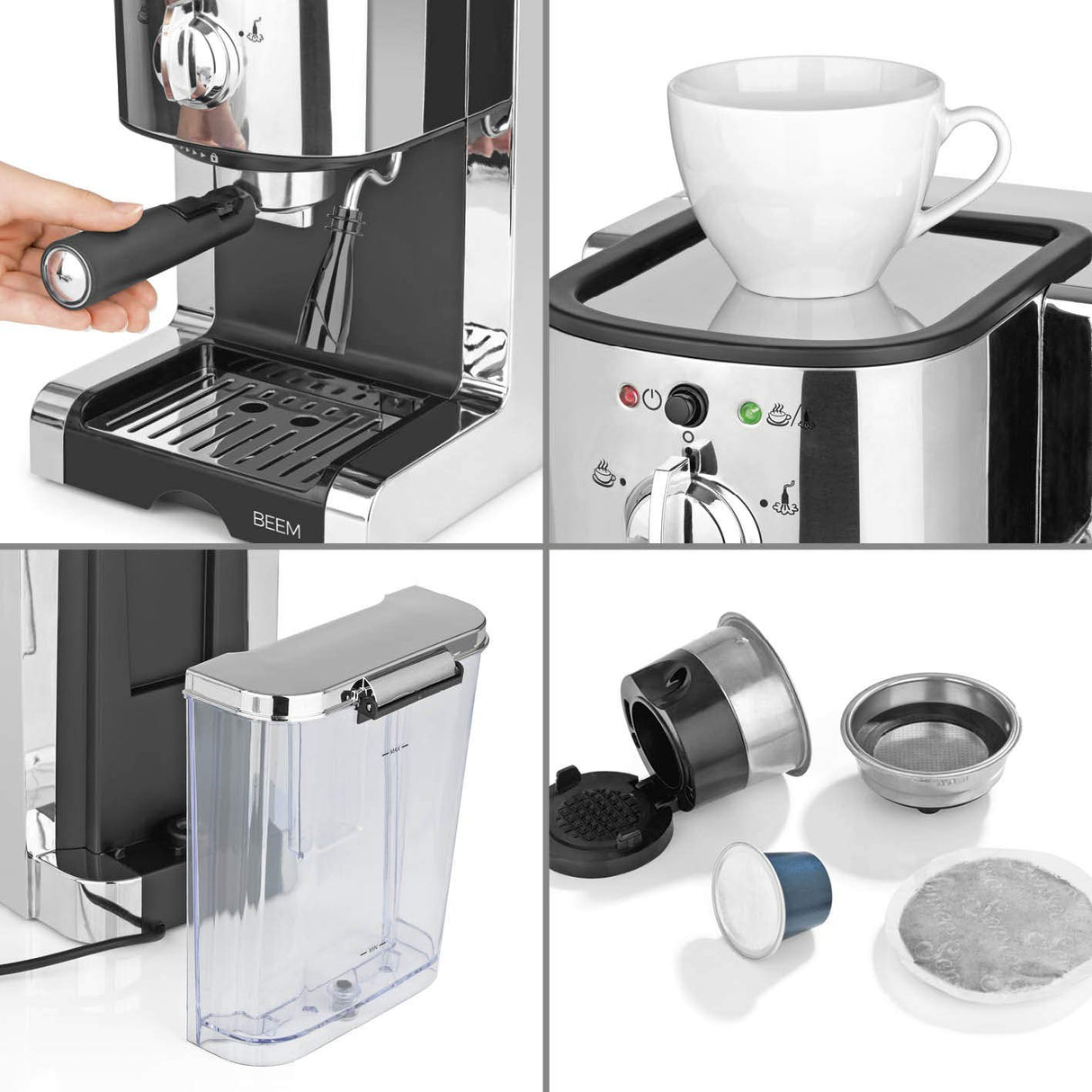 BEEM Máquina de café espresso ESPRESSO-PERFECT | Máquina de café espresso de 20 bares | Para cápsulas, polvo&Pads | Con boquilla de espuma de leche para especialidades de café como las del barista