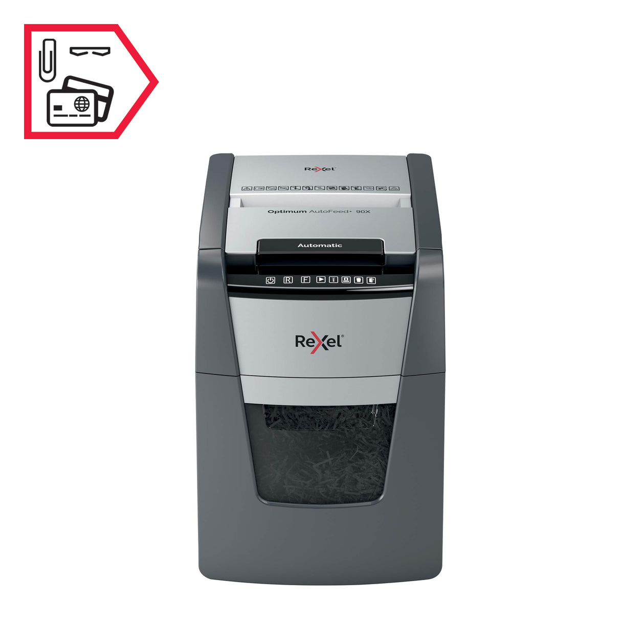 Rexel 2020090XEU - Destructora de Papel Automática Optimum AutoFeed 90X, Corte en Partículas P-4 (4x28 mm), 90 Hojas A4, Papelera Extraíble 34L, Destruye Grapas y Clips, Uso en Oficina