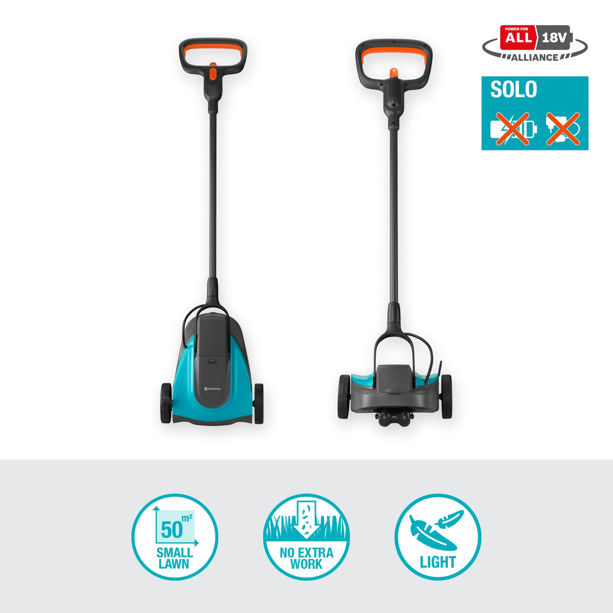 Gardena Cortacésped a batería HandyMower 22/18V P4A sin batería: cortacésped manual, para céspedes hasta 50 m², altura de corte ajustable, función de mulching (14620-55)