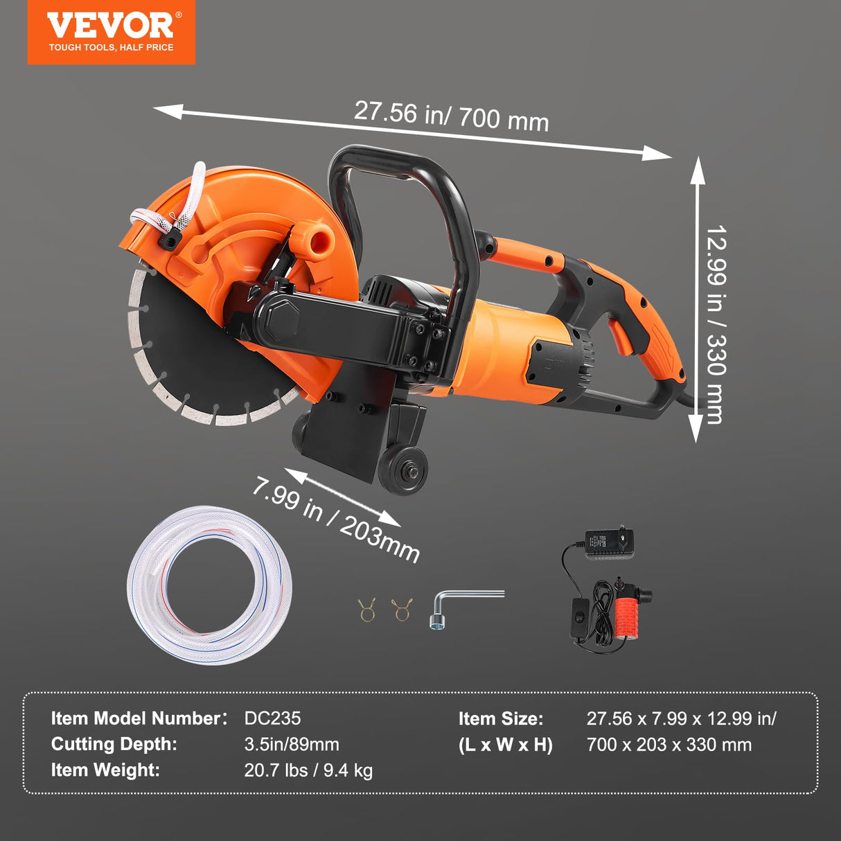 VEVOR Sierra Eléctrica para Hormigón 230mm 2000W Sierra Circular de Alta Potencia Profundidad de Corte de 89 mm Sierra de Disco Húmeda/Seca con Tubería de Agua Bomba de Agua Hoja para Piedra Ladrillo
