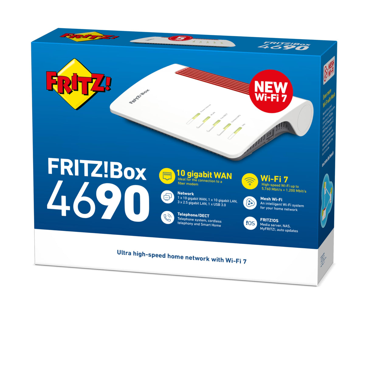 Fritz!Box 4690 (Router Wi-Fi 7 Mesh para conexión de Cable, DSL o Fibra óptica, hasta 6960 Mbps, 1 x 10 Gigabit, 1 x LAN 10 Gigabit, 3 x LAN 2,5 Gigabit, Wi-Fi Mesh, versión Alemana)