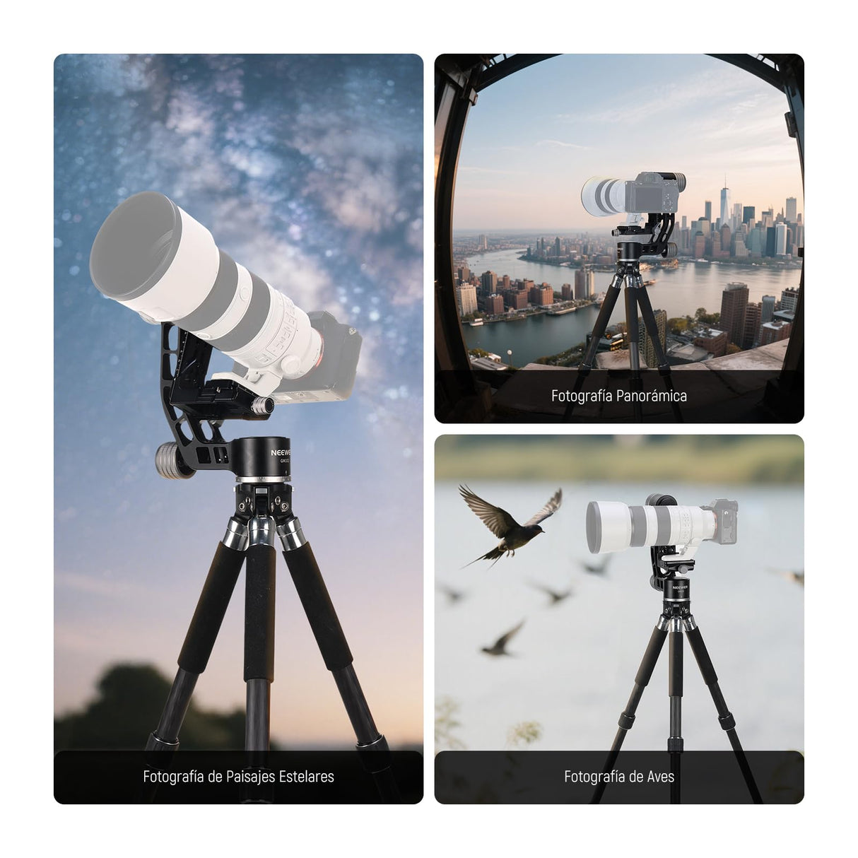 NEEWER GM102 Cabezal Gimbal para Trípode Monópode Teleobjetivos, 360° Cabezal Trípode Cámara Panorámica, Ajuste 3 Ejes, Aleación Aluminio CNC Resistente, Liberación Rápida Tipo Arca, Carga Máx 15kg