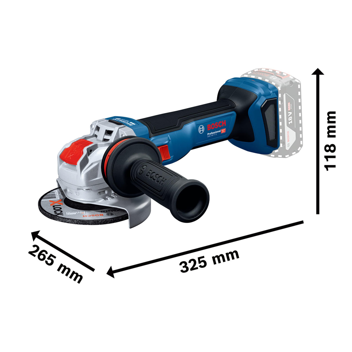 Amoladora angular a batería GWX 18V-11 con Bosch Professional 18V System y X-LOCK (incl. empuñadura auxiliar con control de vibración, cubierta de protección, L-BOXX 136)