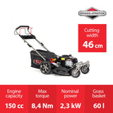 NAX POWER PRODUCTS 2000S Briggs & Stratton Serie 625EXi 150 cm3 ReadyStart Ancho de Corte 46 cm Cesta 60l Ruedas giratorias Delanteras cortacésped a Gasolina con propulsión, nax2000s 625exi 46 cm
