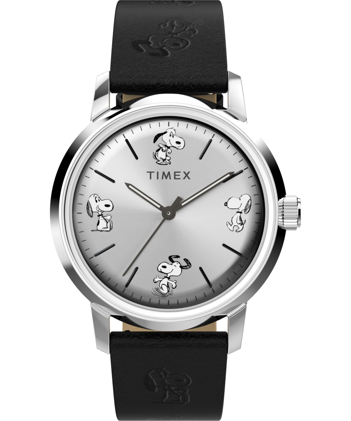 Timex Peanuts Automatic - Reloj de 40 mm para hombre, correa de liberación rápida de dos piezas de cuero negro, esfera en tono plateado, caja de acero inoxidable TW2W54000