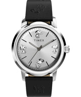 Timex Peanuts Automatic - Reloj de 40 mm para hombre, correa de liberación rápida de dos piezas de cuero negro, esfera en tono plateado, caja de acero inoxidable TW2W54000