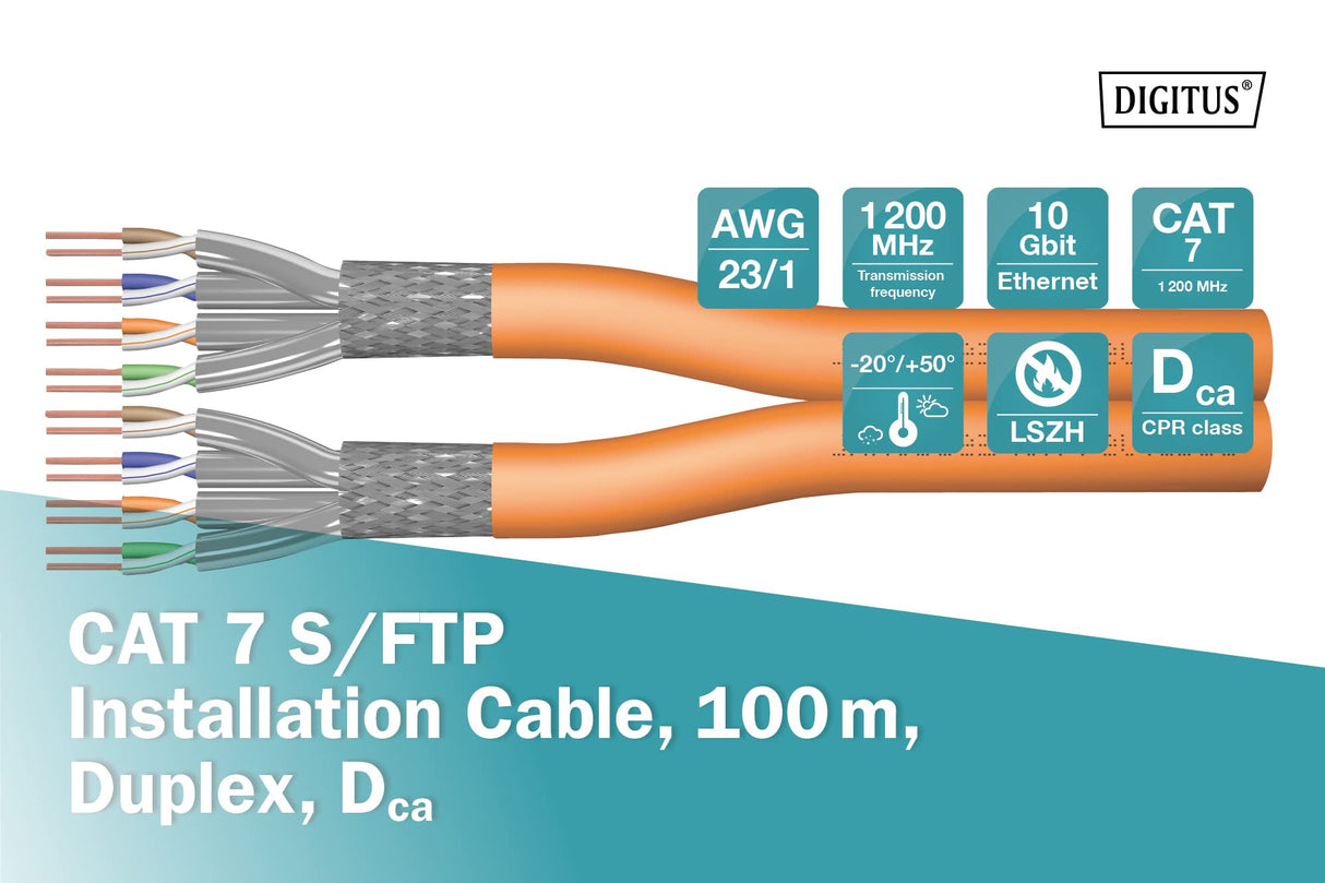 DIGITUS 100 m de Cable de red Cat 7, S-FTP (PiMF) Dúplex, BauPVO Dca, LSZH Libre de Halógenos, 1200 MHz Copper AWG 23/1, Compatible con PoE+, Cable LAN Cable Ethernet, Naranja