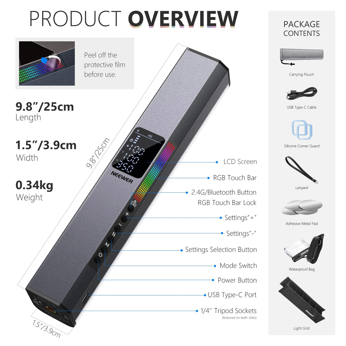 NEEWER RGB LED Video Palo Luz, Barra Táctil y Control App, Luz de Fotografía de Mano Magnética, Regulable 3200K-5600K CRI98+ Luz LED a Todo Color con Batería de 6400mAh, 17 Escenas, RGB1