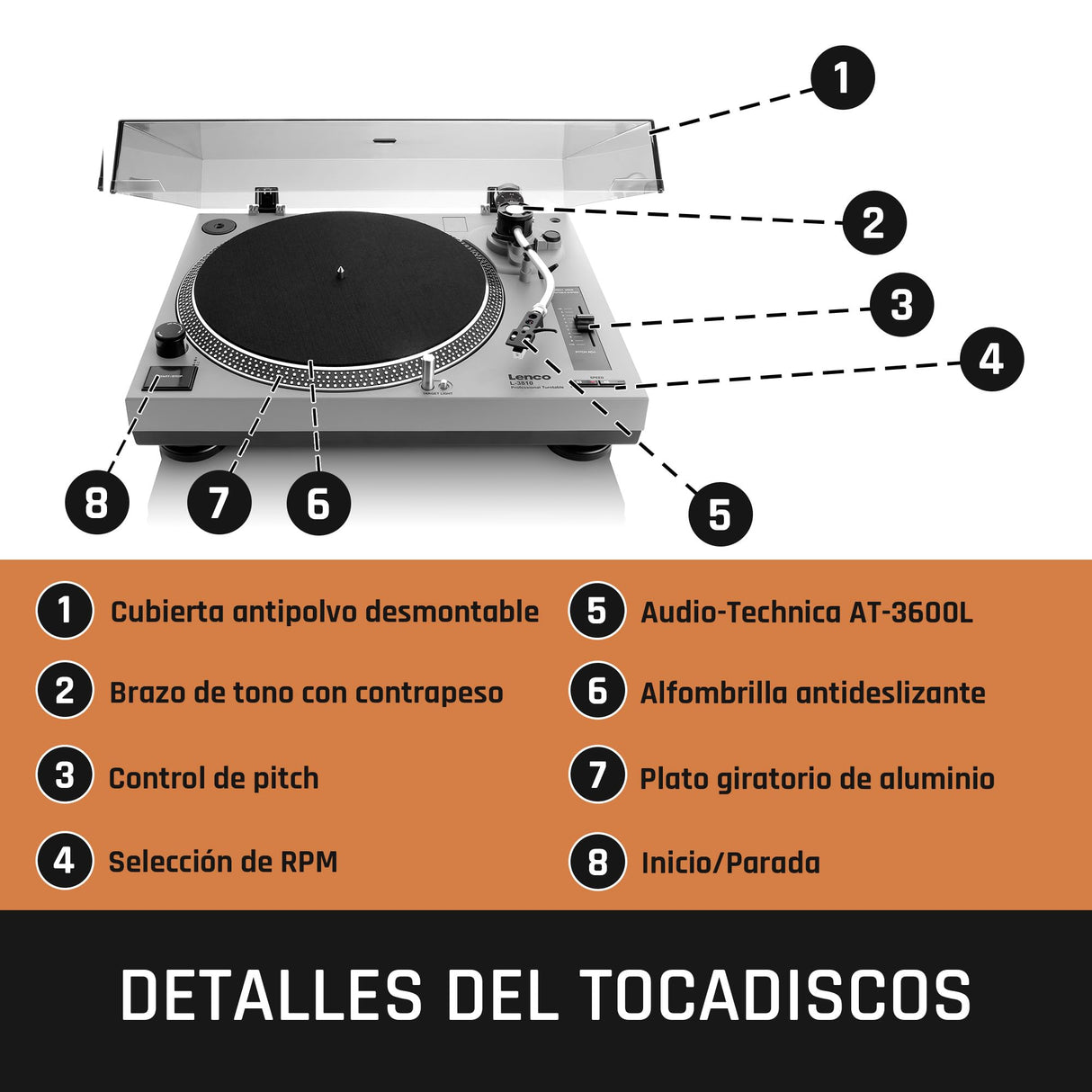 Lenco L-3810 Giradiscos de accionamiento Directo - Giradiscos DJ - 33/45 RPM - Pitch-Control - Sistema de fonocaptor magnético - Luz de Aguja - Pitch-Control - Gris Mate