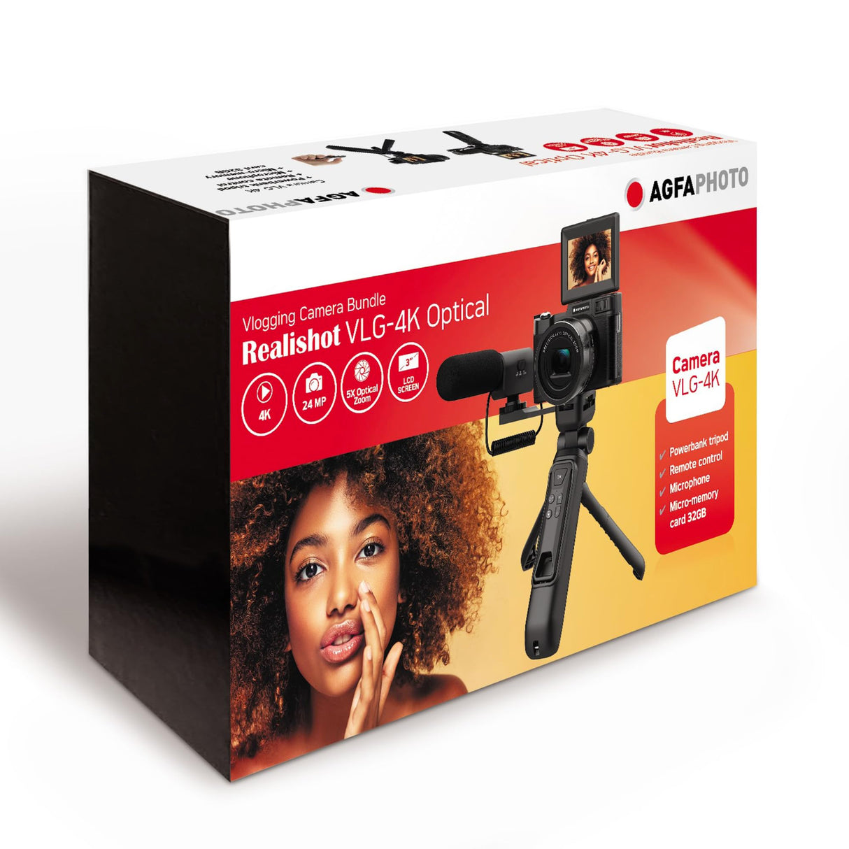 AGFA Photo - Kit de Vlogging Todo en Uno: Cámara VLG-4K Optical, Trípode Powerbank, Mando a Distancia, Micrófono y Tarjeta MicroSD de 32GB incluidos - ¡Captura Tus Momentos en 4K con Estilo! - Negro