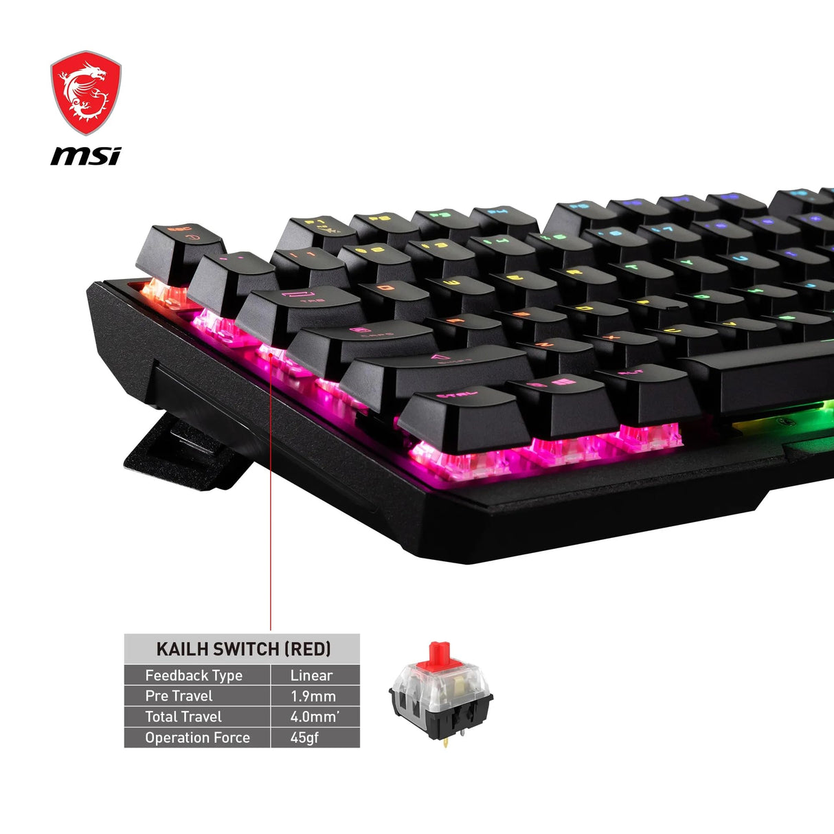 MSI Vigor GK41 Teclado Gaming Mecánico FR - Switches Kailh Red (lineales), Teclas Ergonómicas, Base Antideslizante, 6 LED de Color Fijo/10 Zonas de Iluminación, Mystic Light, USB 2.0 - Tamaño completo