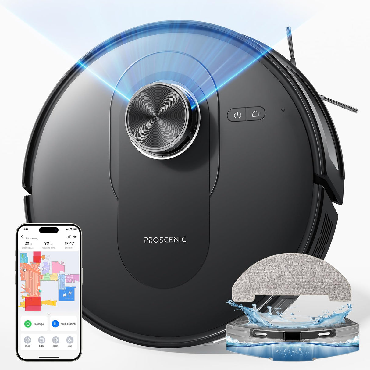 Proscenic Q8 Robot Aspirador y Fregasuelos 4500Pa Potente, Aspirador Robot 2 en 1, 200Min Autonomía, Navegación LiDAR Mapeo Preciso, Ideal para Mascotas, Control por Alexa, Google Home, Siri, IFTTT