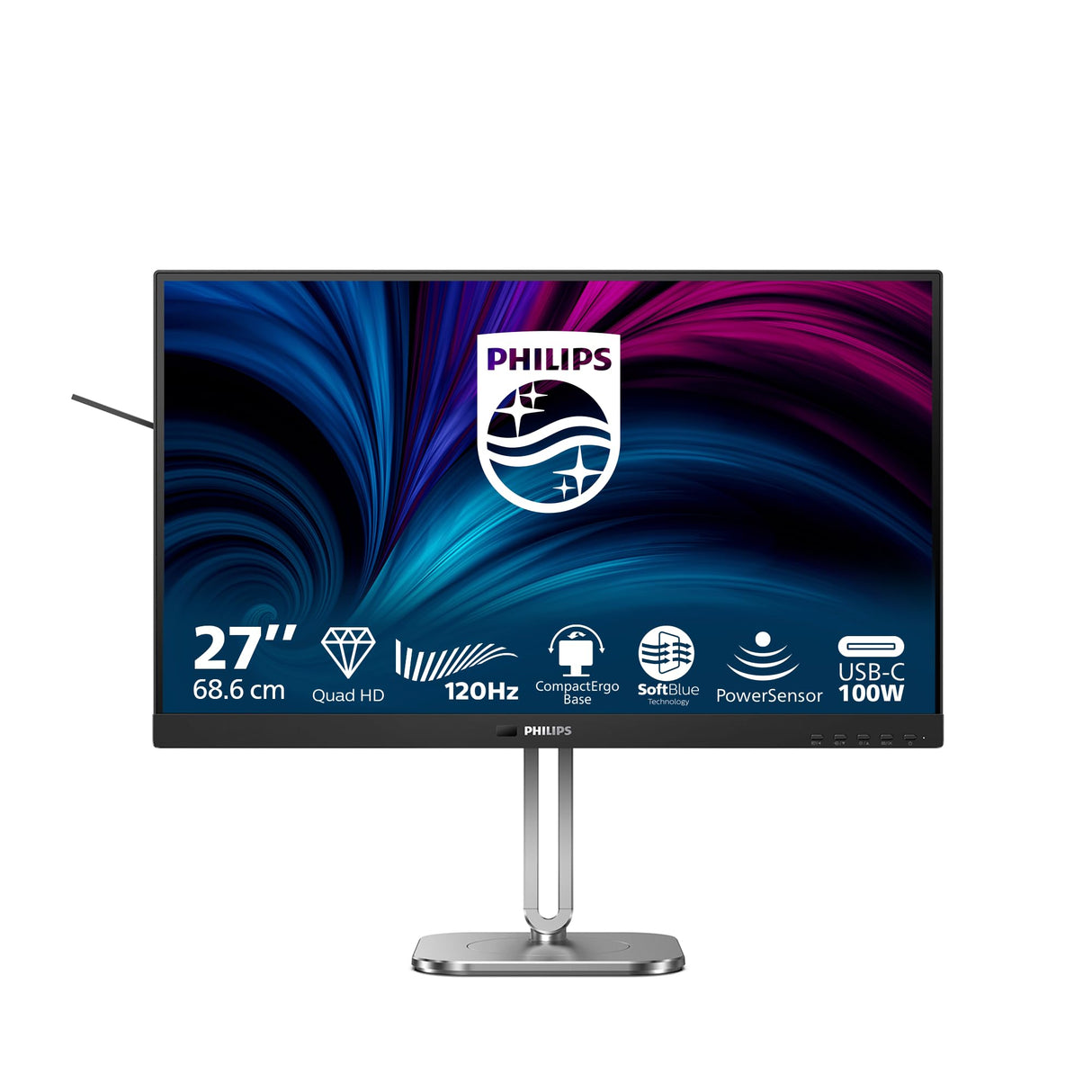 Philips 27B2U4601 Monitor 27 Pulgadas QHD, 120Hz, IPS, 4 ms GtG, Adaptive Sync., Altura Ajustable, Altavoces (2560x1440, 1x HDMI 2.0, 1x DP 1.4, USB-Hub), Gris Oscuro