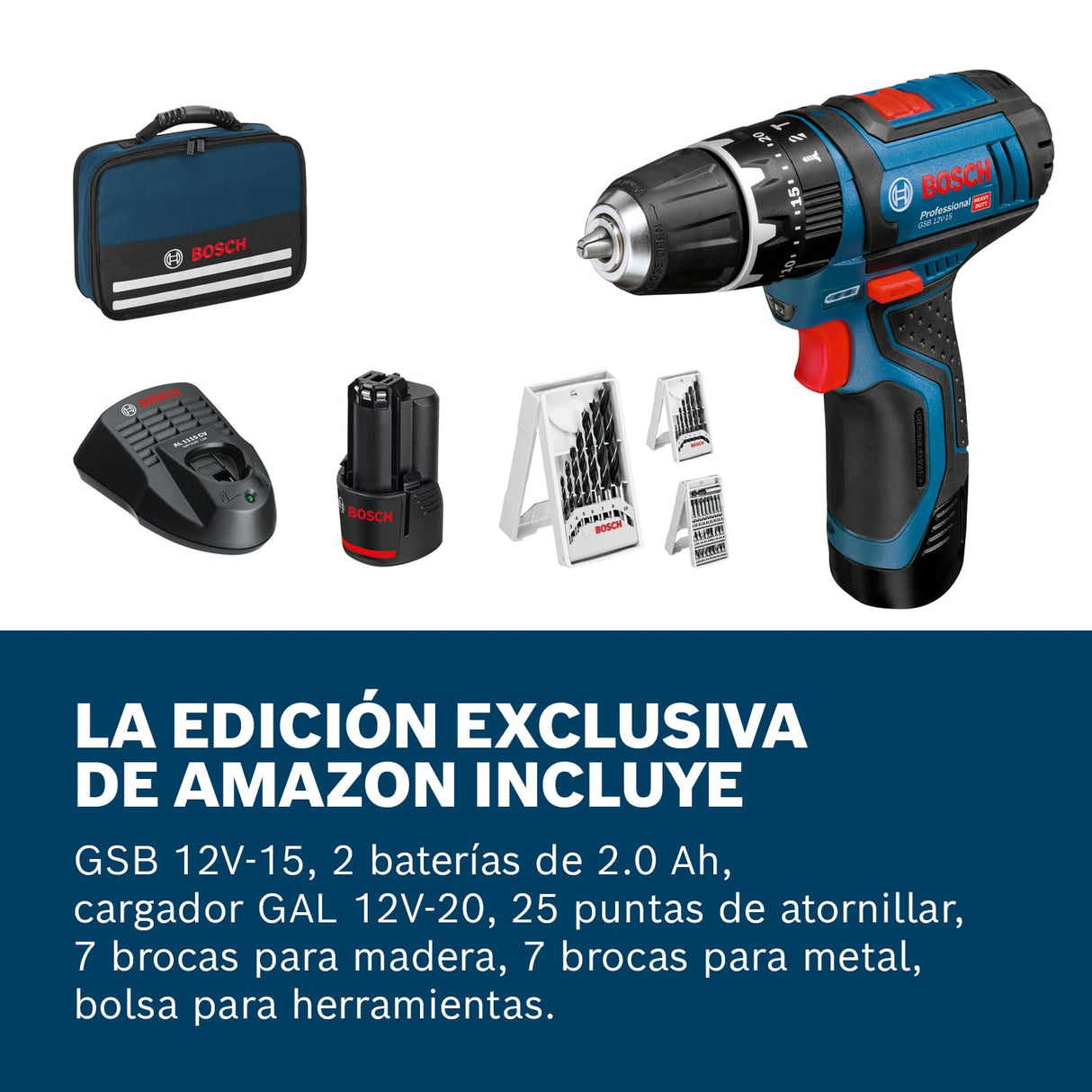 Bosch Professional 12V System GSB 12V-15 - Taladro percutor a batería (30 Nm, 1300 rpm, 2 baterías x 2.0 Ah, set 39 accesorios, en maletín de lona) - Amazon Exclusive