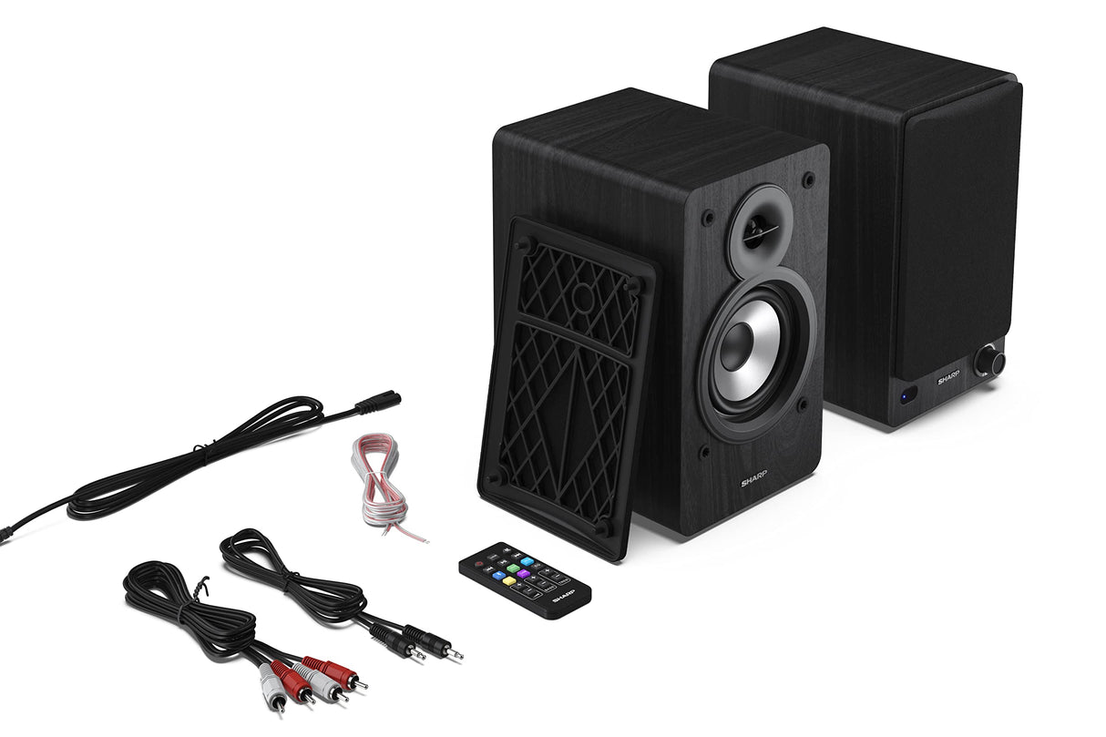Sharp CP-SS30(BK) Pareja Altavoces estantería Activos 2vías, 60W RMS (2x30W) Carcasa Madera, Bluetooth v5.0, USB, óptica, Auxiliar, RCA, Ajuste Graves y Agudos, Rejilla extraíble, Mando a Distancia.