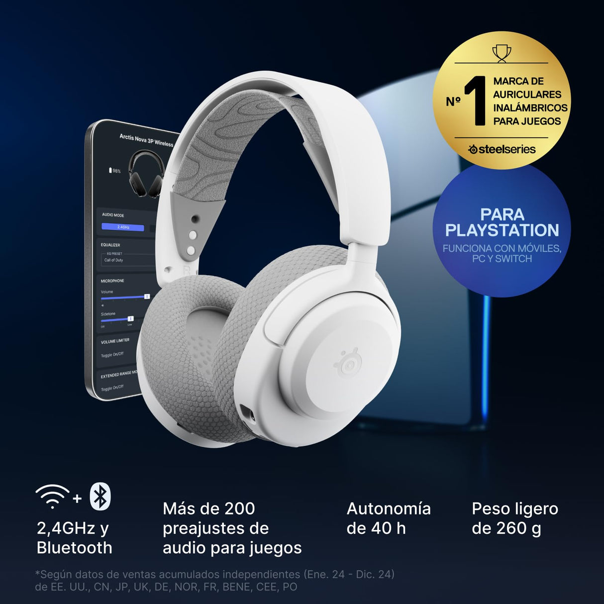 SteelSeries Arctis Nova 3P Wireless Auriculares Gaming multiplataforma - App - Batería 40h - Controladores magnéticos de neodimio - 2,4 GHz/Bluetooth - Micro extraíble - PS5, PS4, PC, Switch -Blanco