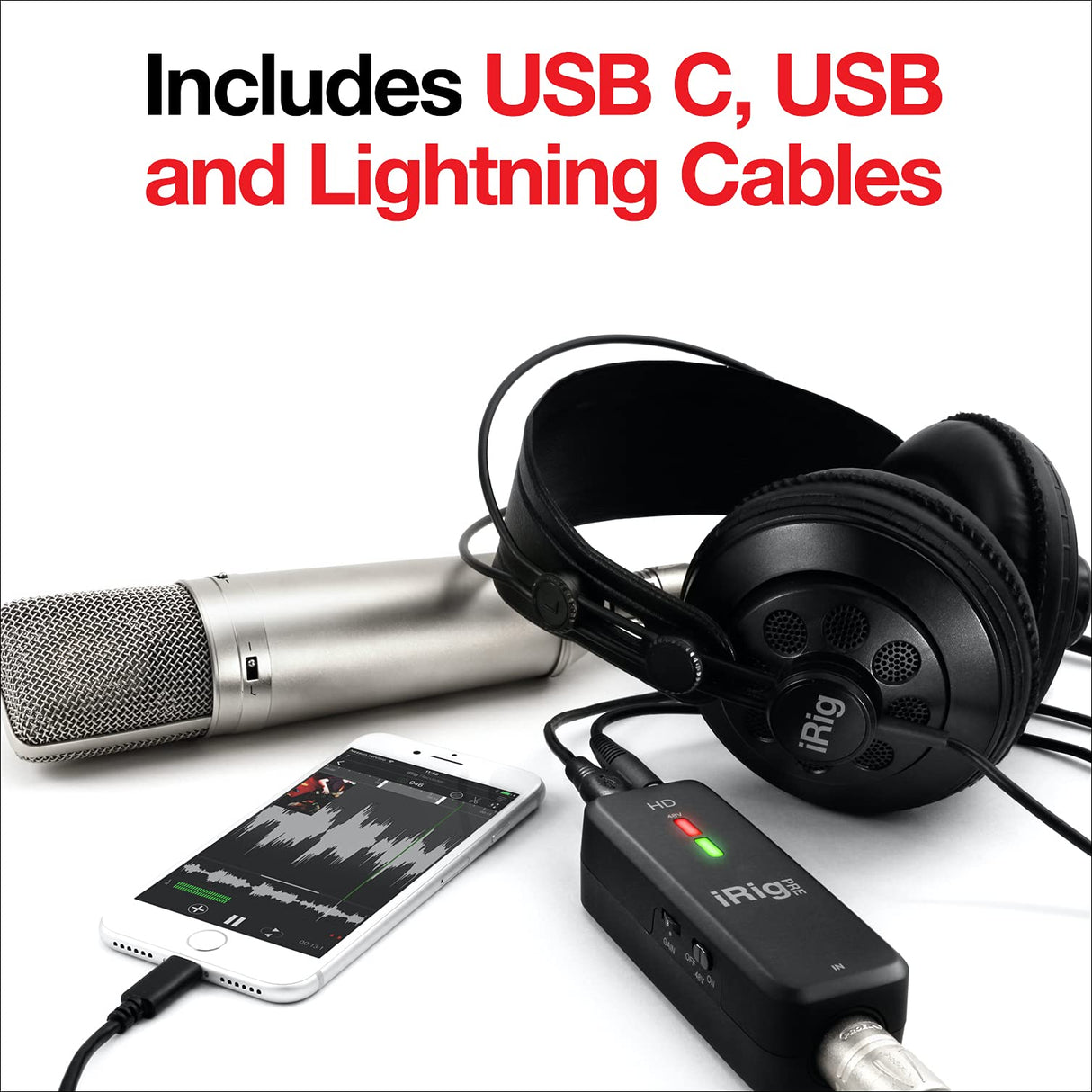 IK Multimedia Irig Pre HD - Interfaz Digital de Micrófono de Alta Definición con Preamplificador de Calidad de Estudio, Negro