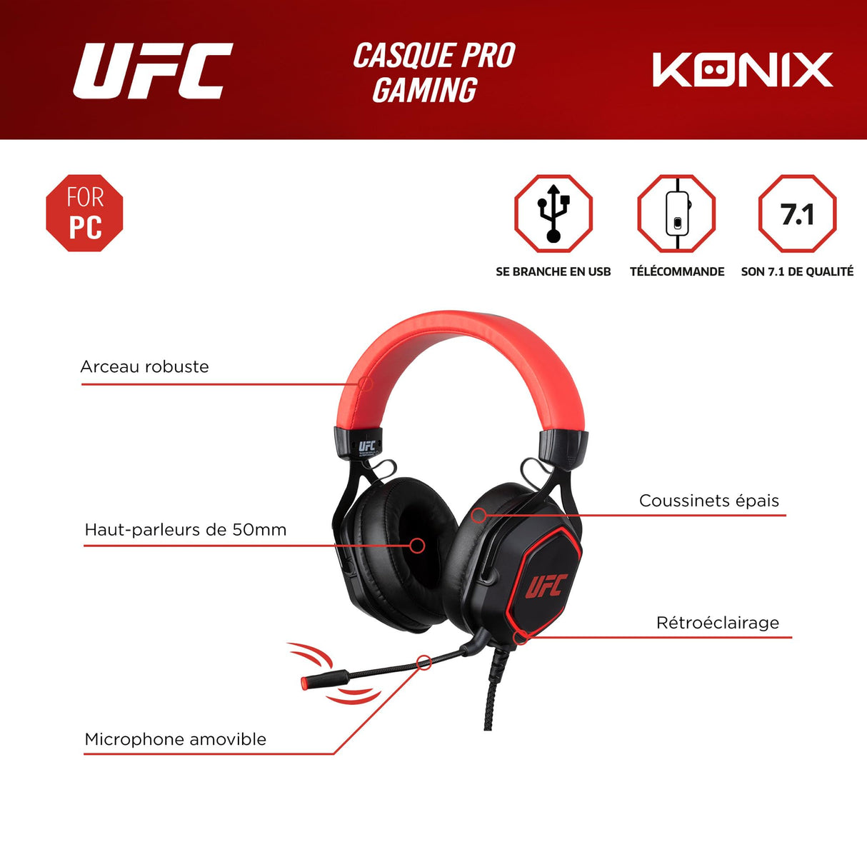 Konix UFC Auriculares Gaming con Cable 7.1 para PC - Altavoces de 50 mm - Micrófono Desmontable - Cable USB de 2 m - Retroiluminación - Negro y Rojo
