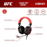 Konix UFC Auriculares Gaming con Cable 7.1 para PC - Altavoces de 50 mm - Micrófono Desmontable - Cable USB de 2 m - Retroiluminación - Negro y Rojo