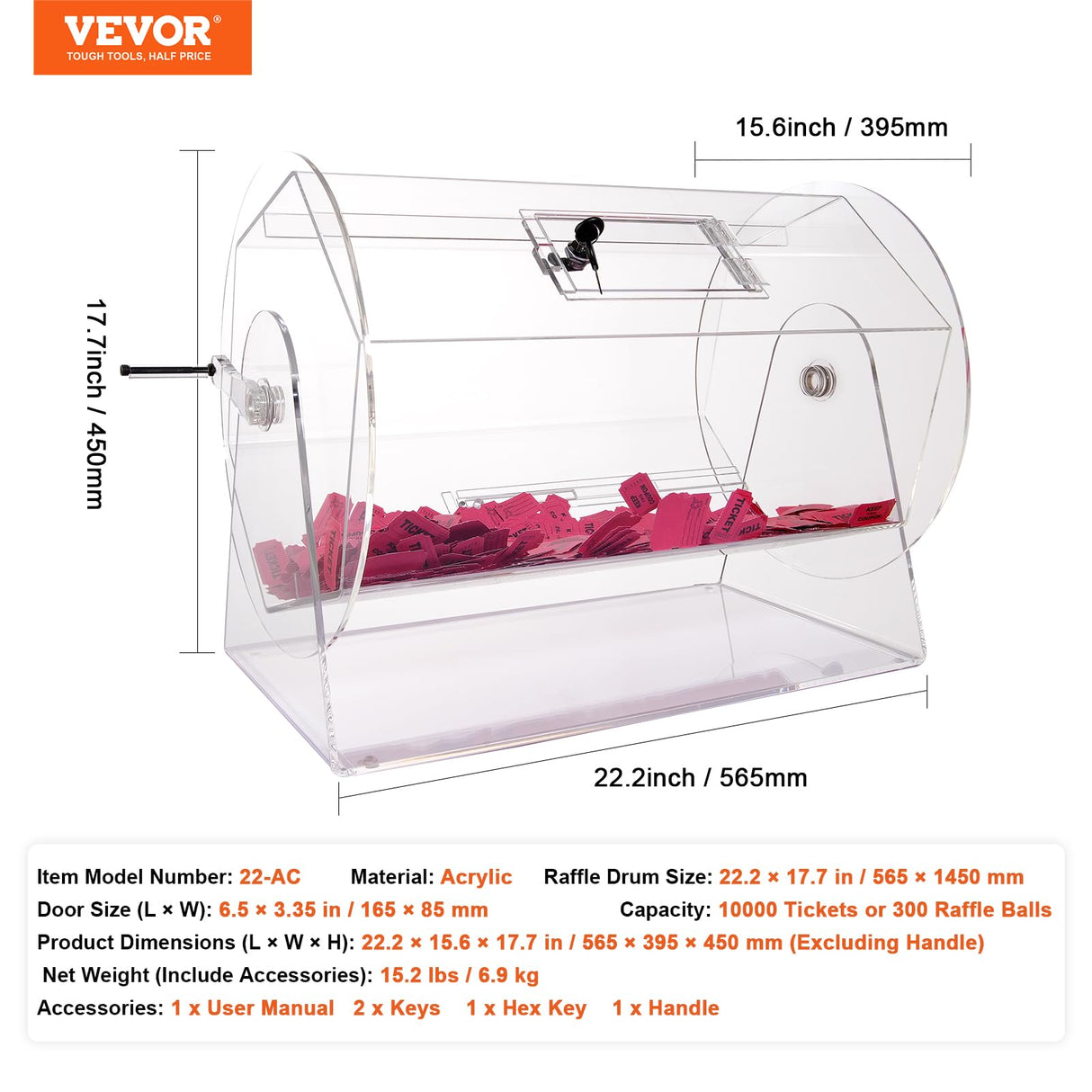 VEVOR Tambor de Lotería de Acrílico para Rifa Capacidad de 10000 Boletos o 300 Bolas Jaula de Juego de Bingo Transparente con 2 Llaves 565 x 1450 mm para Votación, Evento, Fiesta, Sala de Estar