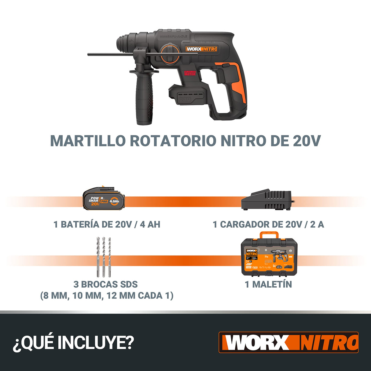 WORX Martillo ligero batería 20v Máx.| WX381 | Motor sin escobillas | SDS-Plus | Taladro, percutor y demolición | 2J de impacto | Batería 4Ah y maletín | Antivibración y alto rendimiento