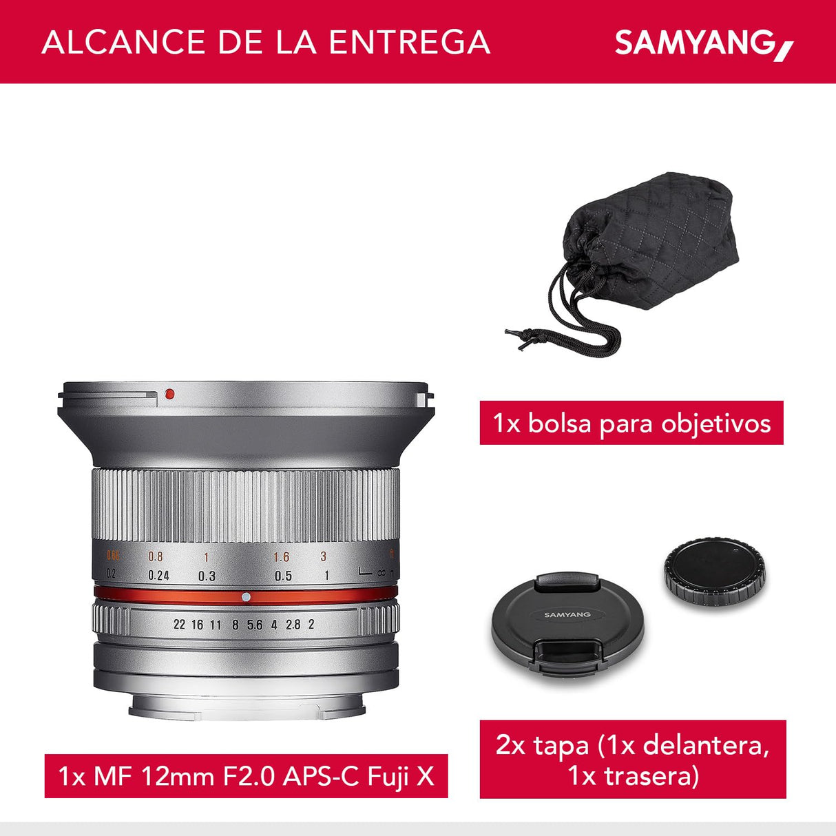 Samyang F1220510102 - Objetivo fotográfico CSC-Mirrorless para Fuji X (Distancia Focal Fija 12mm, Apertura f/2-22 NCS CS, diámetro Filtro: 67mm), Plateado