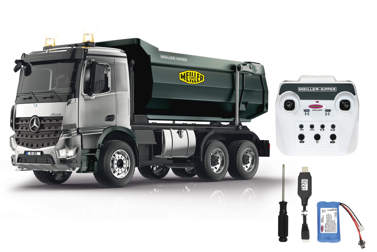 JAMARA Volquete Mercedes-Benz Arocs Metal Meiller 1:20 2,4 GHz, Capacidad de elevación de 15 kg, Engranaje de Metal, 4 Ruedas, suspensión de suspensión, neumáticos de Goma, luz LED