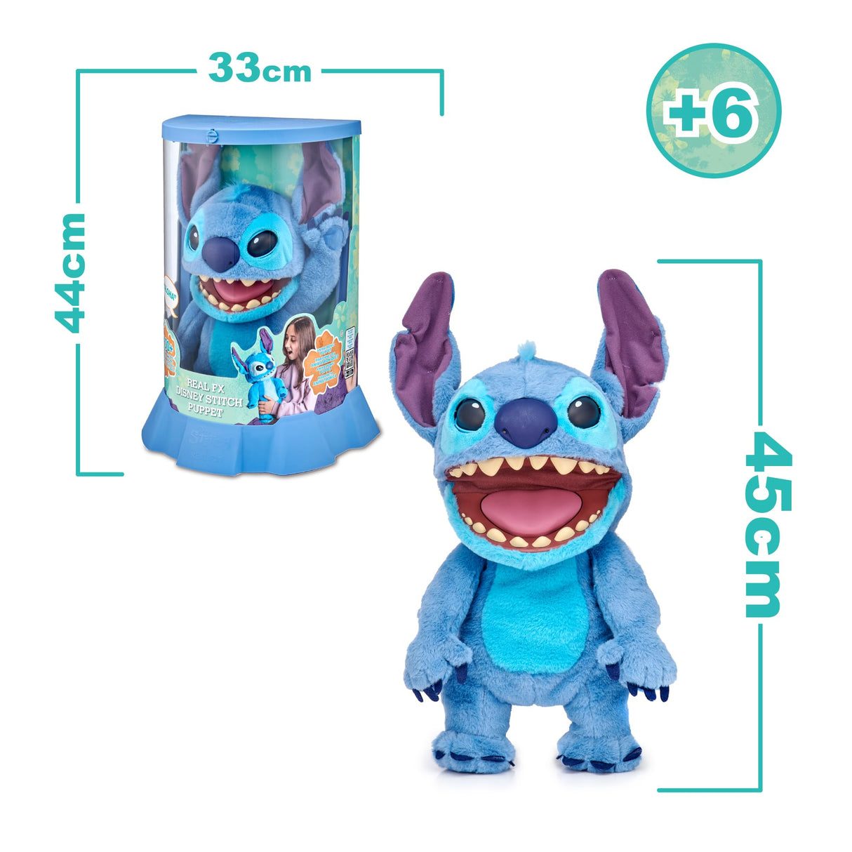 Disney Stitch Puppetronic by Real FX de Lilo & Stitch, Peluche Electrónico de 45 cm, 100+ Combinaciones de Acciones y Sonidos, Juguete Realista con Sensores y Reacciones, 6+ años, Famosa (TTC29000)