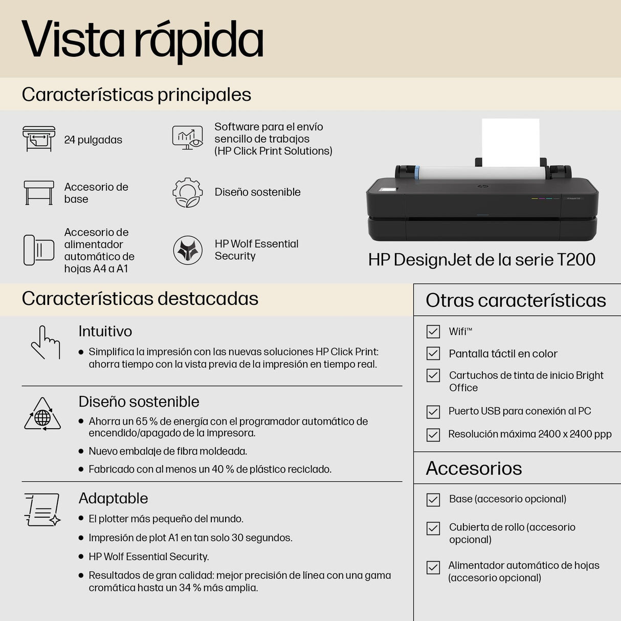 HP DesignJet T230 de 61 cm (5HB07D), Impresora de Gran Formato, Plotter, Estándar A4-A1, 68 Impresiones A1/h, Wi-Fi, Ethernet, USB, 2400x1200 dpi, Metal Reciclado, Garantía de 1 Año, HP Click, Negro