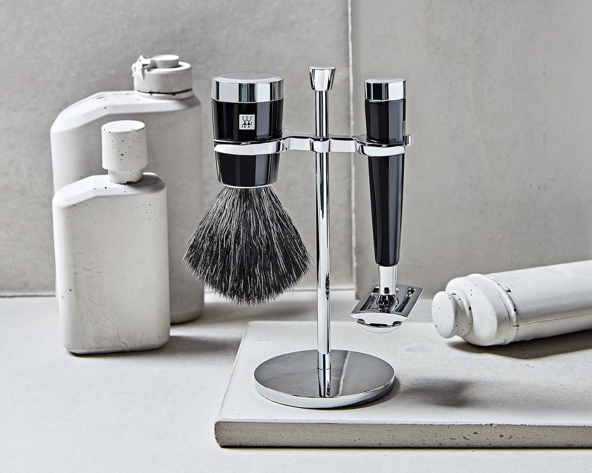 ZWILLING Juego de maquinilla de afeitar con maquinilla de afeitar clásica (3 piezas con brocha de afeitar y soporte, aptas para todas las hojas de afeitar, set de regalo), negro
