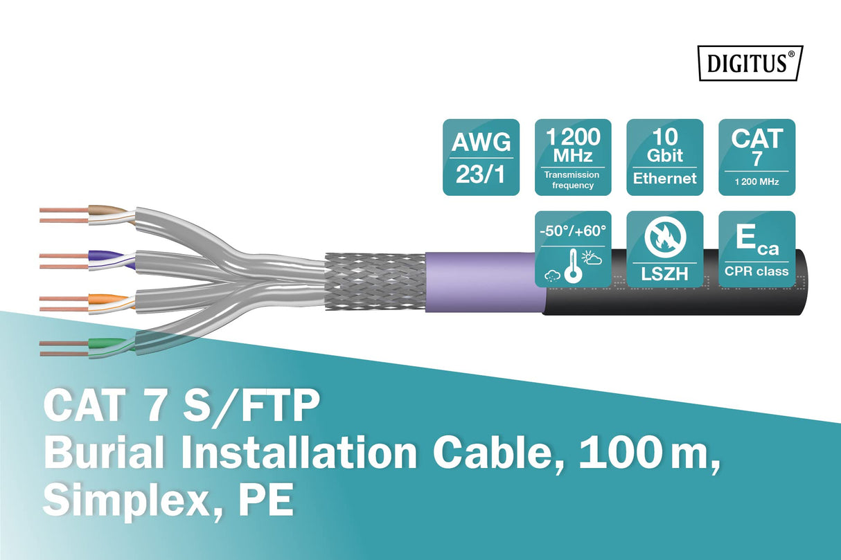 DIGITUS 100 m de Cable de red para exteriores Cat 7, S-FTP (PiMF) Simplex, BauPVO Eca, LSZH Libre de Halógenos, 1200 MHz Copper AWG 23/1, Compatible con PoE+, Cable de tierra instalación LAN, Negro