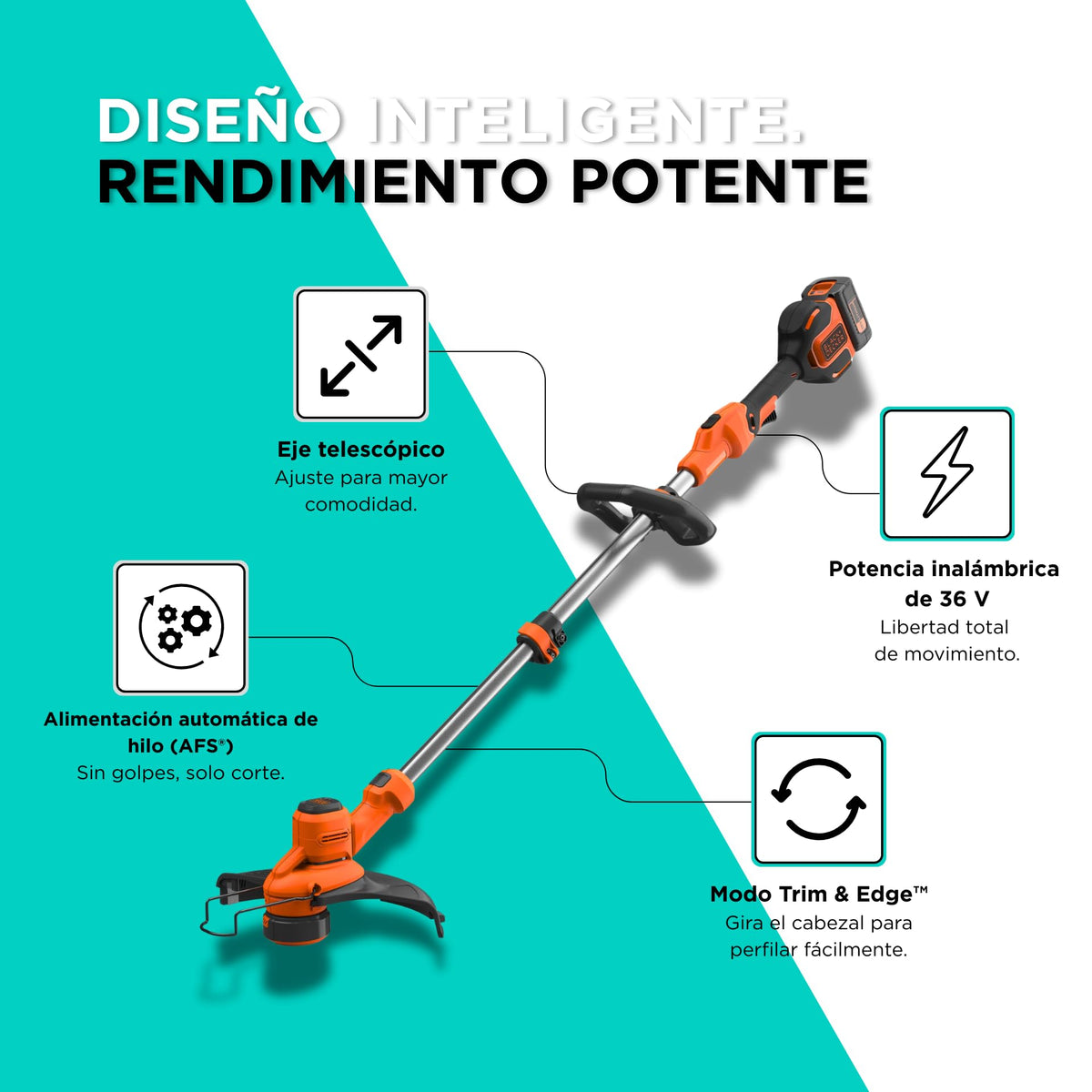 BLACK+DECKER Recortadora de césped inalámbrica 36V con batería y Cargador rápido - Ancho de Corte 33cm, Motor sin escobillas, alimentación automática de Hilo, Velocidad Variable - BCSTA536L1-QW