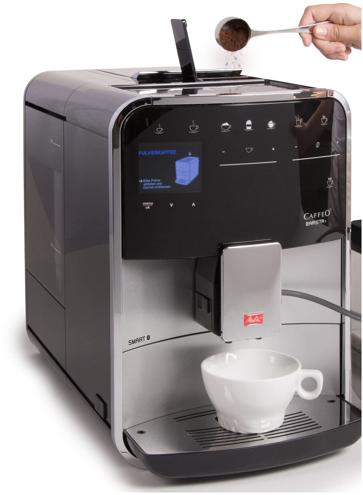 Melitta Barista T Smart F831-101, Cafetera Superautomática con Molinillo Silencioso, App Connect, Pantalla Táctil, 18 Recetas, 15 Bares, 1450 W, 1.8 litros, Acero inoxidable, Plata/Negro