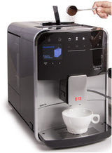 Melitta Barista T Smart F831-101, Cafetera Superautomática con Molinillo Silencioso, App Connect, Pantalla Táctil, 18 Recetas, 15 Bares, 1450 W, 1.8 litros, Acero inoxidable, Plata/Negro
