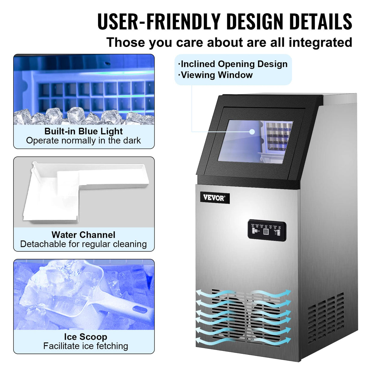 SucceBuy Máquina para Hacer Hielo de Acero Inoxidable de Calidad Alimentaria, Trituradora de Máquina de Hielo Comercial, 280W, 68kg/24 horas, Panel de Control LCD Inteligente