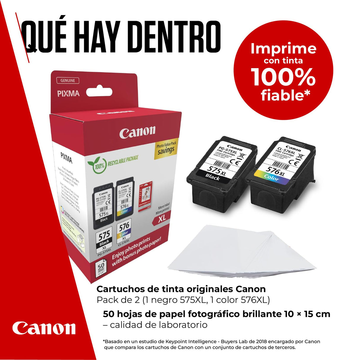 Canon Tinta y Papel - PG-575XL + CL-576XL - Pack de 2 Cartuchos Originales - (x 1 Negro, x 1 Tricolor) + Papel fotográfico 10 x 15 cm (50 Hojas)