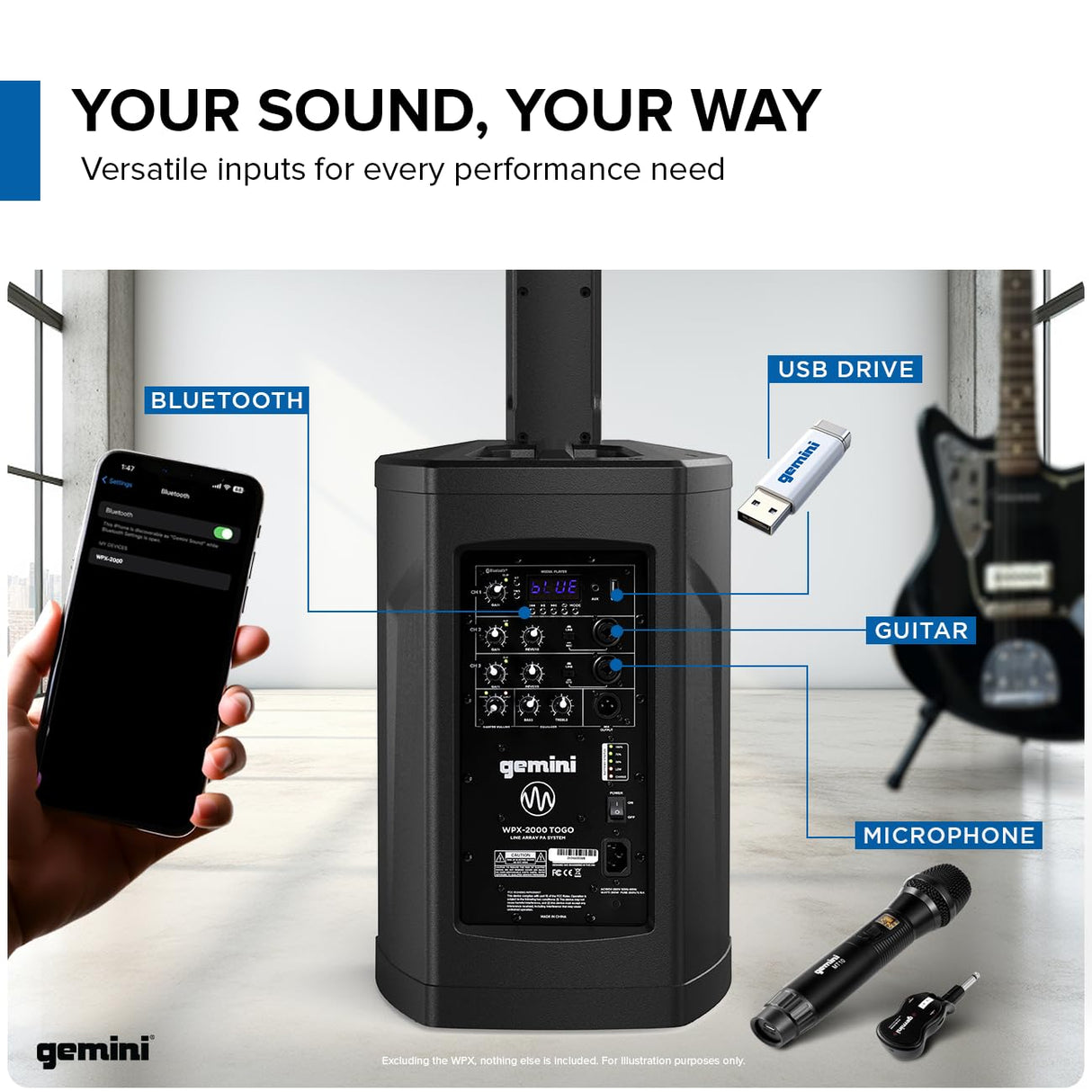 Gemini Sound WPX-2000TOGO Altavoz PA Pro Line Array Modular Portátil, con Batería, Pico de 1000 W, Transmisión por Bluetooth, para Djs, Fiestas y Eventos