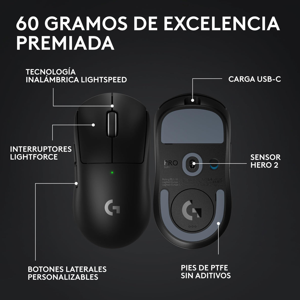 Logitech G PRO X SUPERLIGHT 2, Ratón inalámbrico para gamingratón Pro-Grade de 60 g con 5 botones programables, sensor de 44 000 DPI, velocidad de respuesta de 8 kHz, carga USB-C para PC/Mac - Negro