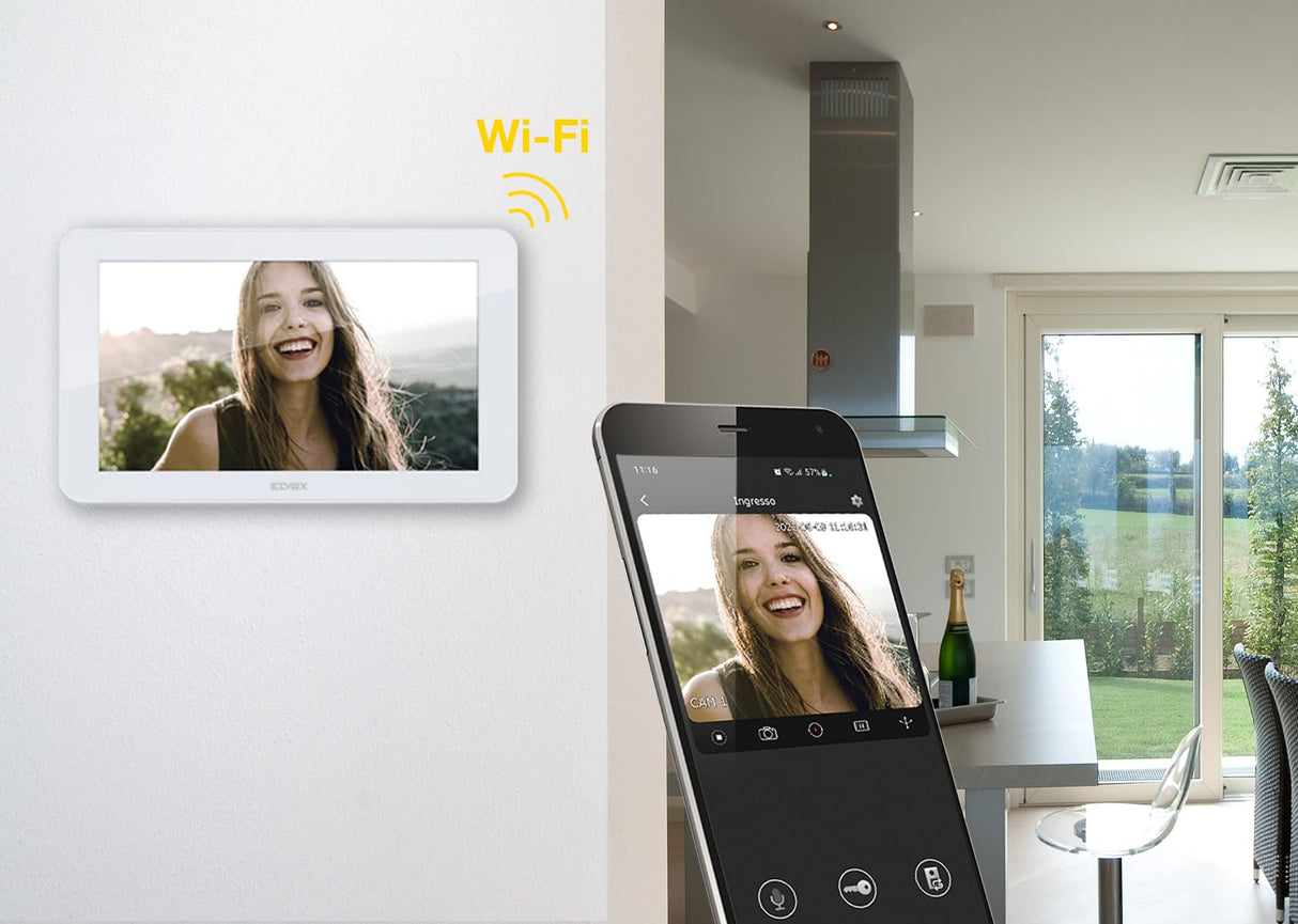 Vimar K42946 Kit de videoportero smart con 2 videoporteros Wi-Fi con pantalla táctil, placa audio/vídeo con lector RFID, alimentadores con clavijas intercambiables, distribuidor bus