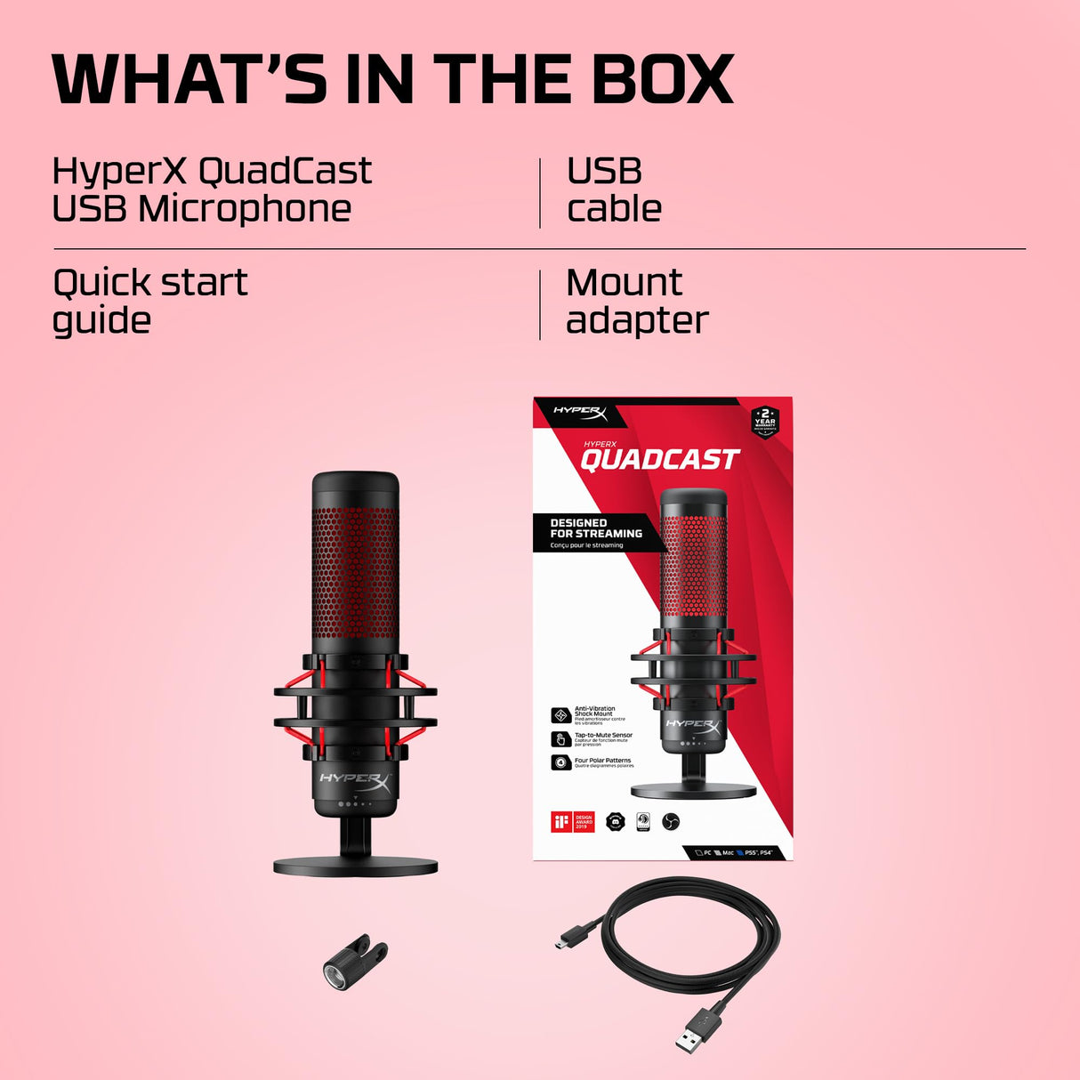 HyperX QuadCast - Micrófono de condensador USB, soporte de choque antivibración, cuatro patrones polares, filtro pop, control de ganancia, para PC, PS4, PS5 y Mac, Negro y Rojo