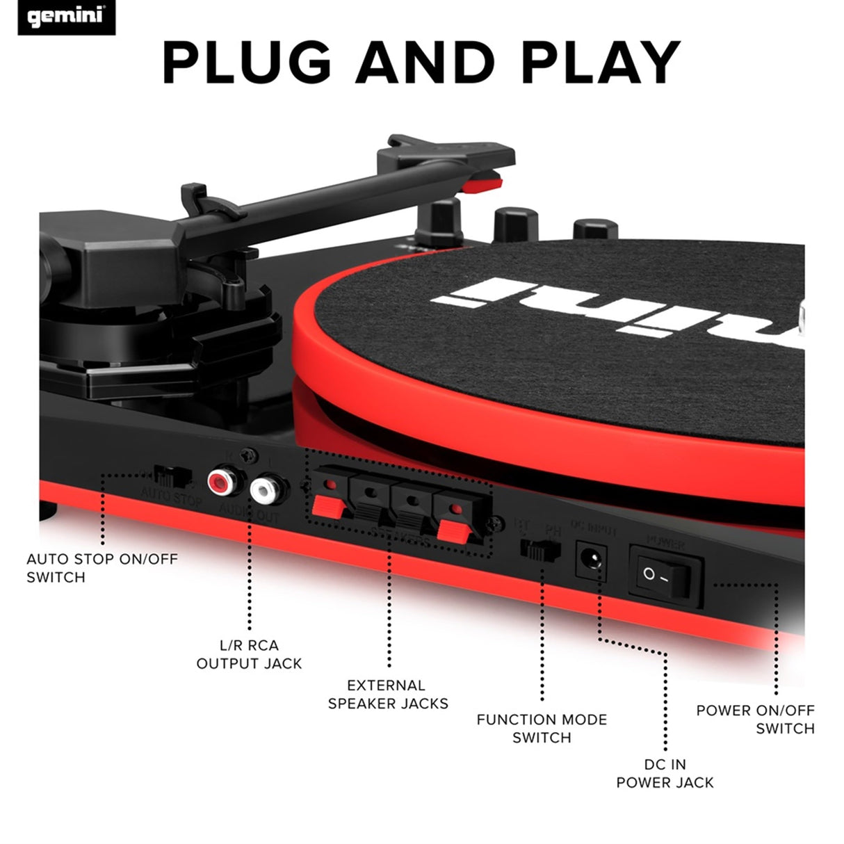 Gemini TT-900 Red | Tocadiscos con Sistema de Sonido – Bluetooth – Sistema Completo
