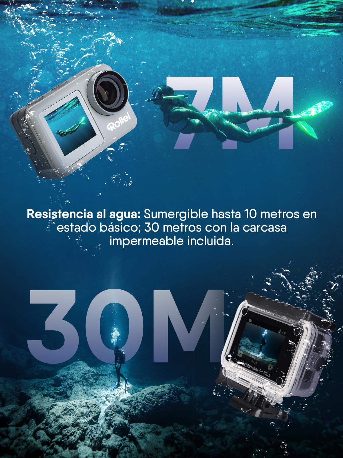 Cámara de Acción, Rollei Actioncam 9s Plus Cámara Deportiva 4K 60fps Estabilización Camara Subacuática Impermeable 40M con Sensor de 1/2,5 Pulgadas Pantalla Táctil con Accesorios para Deporte Buceo
