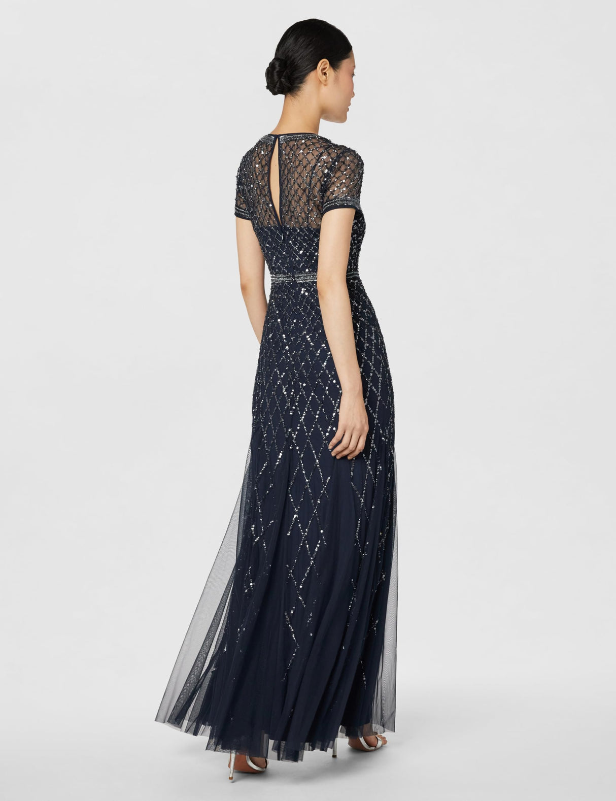 Adrianna Papell - Vestido de Manga Corta con Cuentas de Rejilla para Mujer, Marino, 10