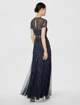 Adrianna Papell - Vestido de Manga Corta con Cuentas de Rejilla para Mujer, Marino, 10