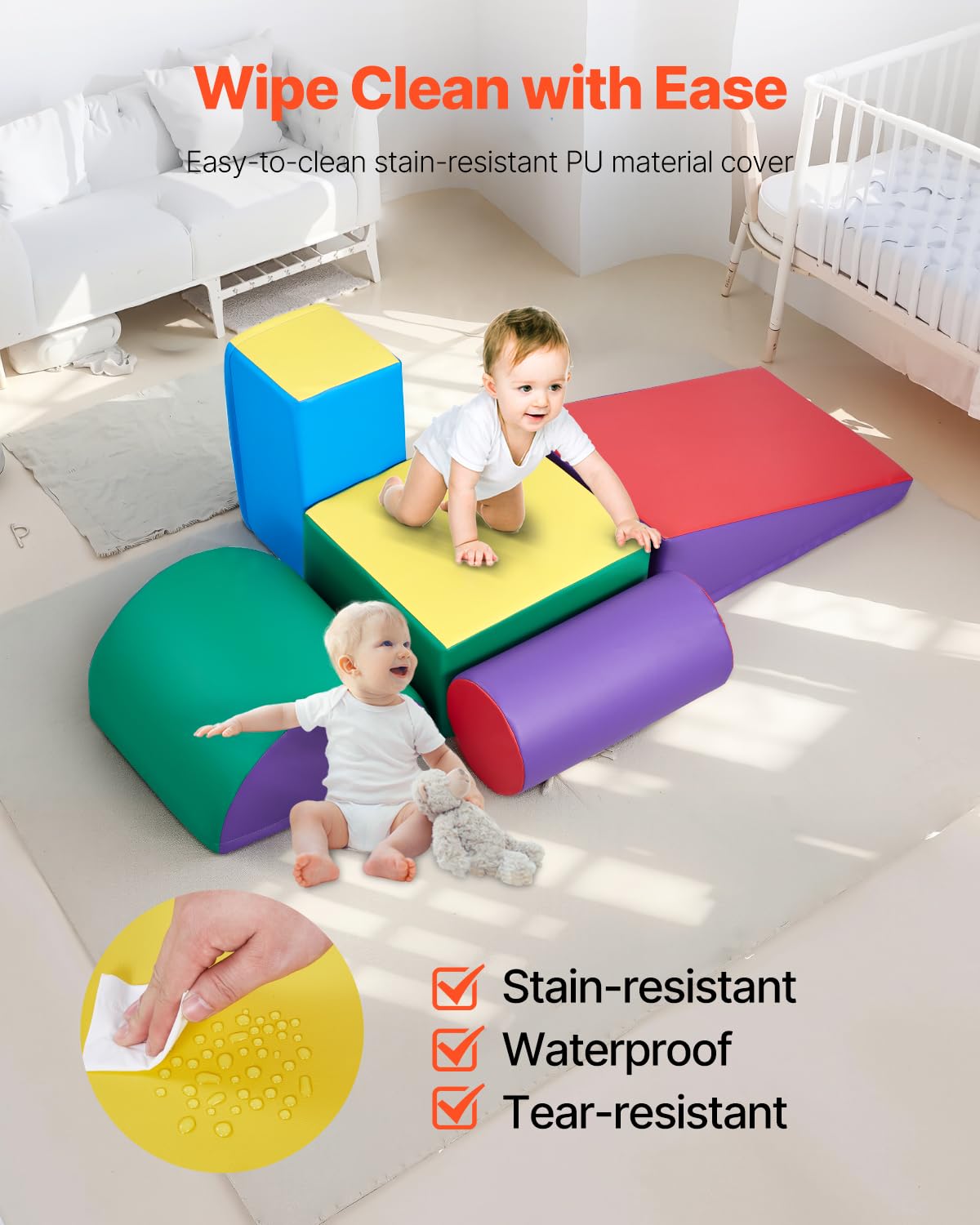 VEVOR 5 PCS Juego de Juguetes de Escalada de Espuma, Bloques de Escalada de Cuero Sintético, Juego de Actividades para Trepar y Gatear en Interiores Fácil de Limpiar, para Niños de 6 Meses a 3 Años