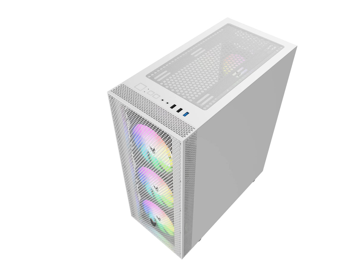 Oversteel - Azurite Caja Pc Gaming Compatible con Placas ATX, Micro ATX e ITX, 4 Ventiladores 120mm A-RGB Incluidos, Frontal Mallado, Instalación Vertical, Cristal Lateral Templado, USB 3.0, Blanco