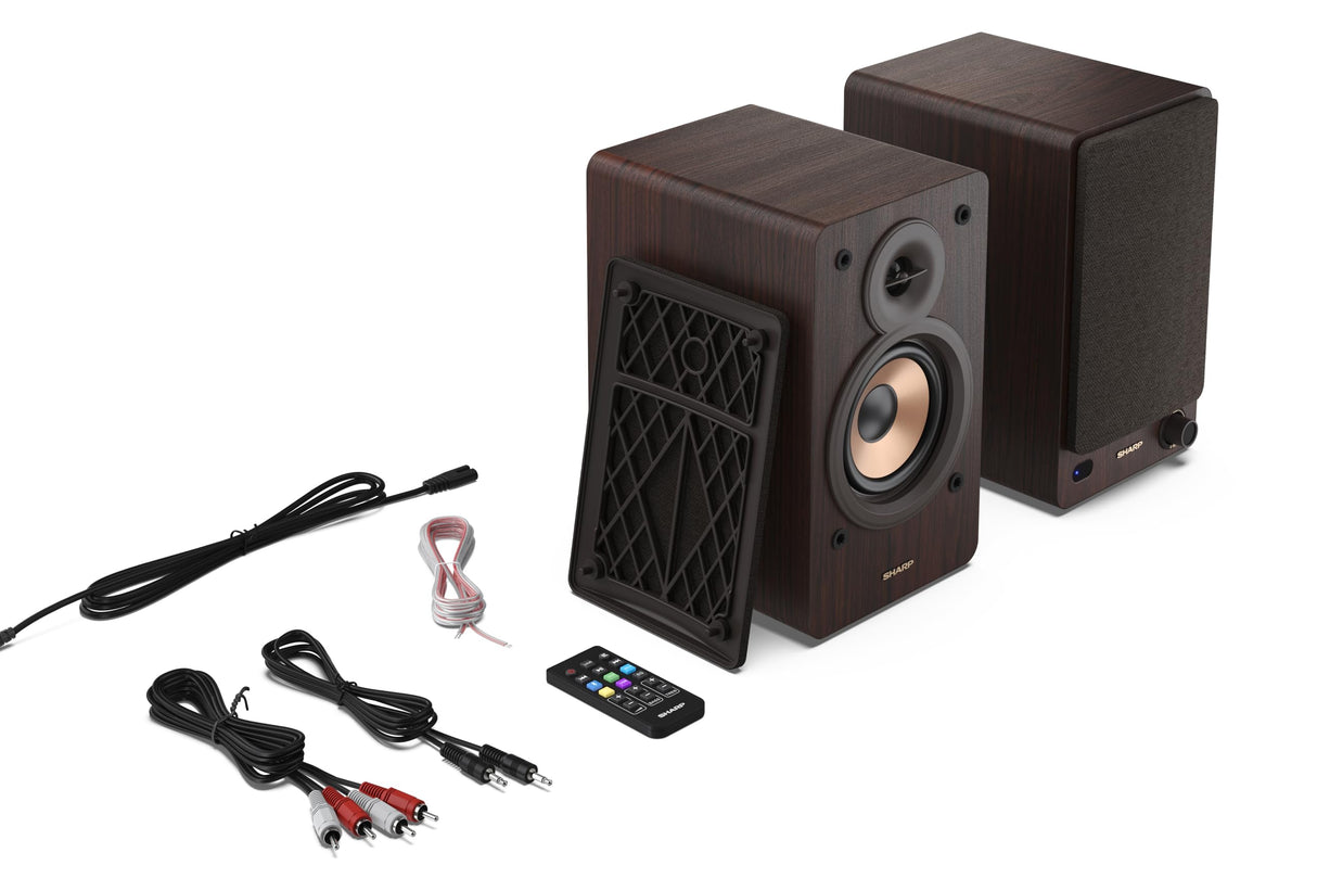 Sharp CP-SS30(BR) Pareja Altavoces estantería Activos 2vías, 60W RMS (2x30W) Carcasa Madera, Bluetooth v5.0, USB, óptica, Auxiliar, RCA, Ajuste Graves y Agudos, Rejilla extraíble, Mando a Distancia.