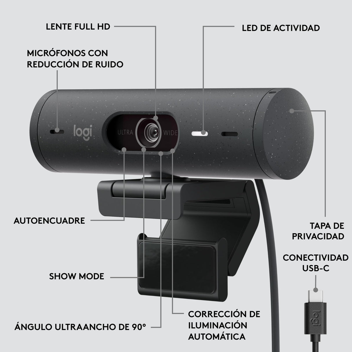 Logitech Brio 505, cámara Web Full HD con corrección de iluminación automática, Encuadre automático, 2 micrófonos con reducción de Ruido, Tapa de privacidad - Msft Teams, Google Meet, Zoom - Gris